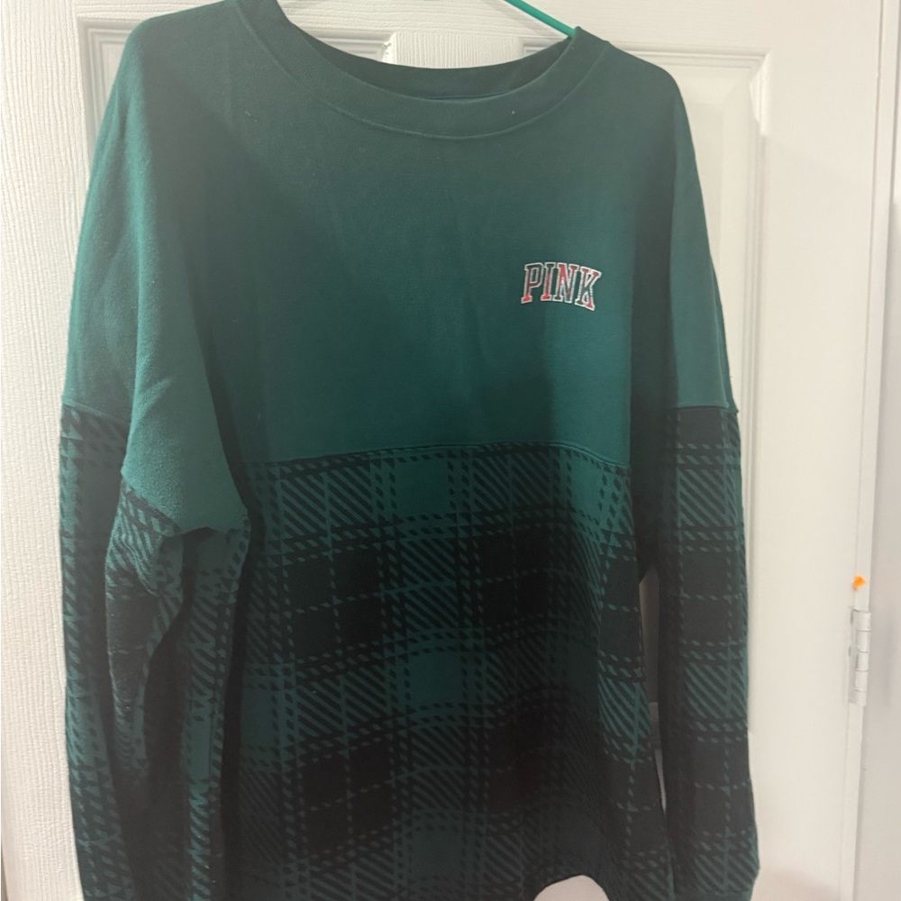 PINK Victoria's Secret Teal and Black Checkered Crewneck Sweater